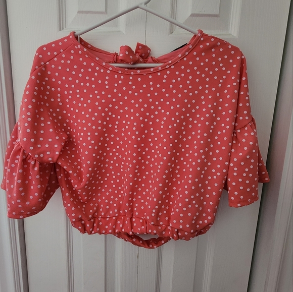 BOOHOO- Polka Dot Ruffle Open Back Tie Top - Picture 3 of 5